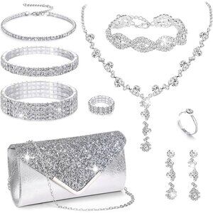 👑Women Sparkly Clutch Purse Bag Necklace Bracelets Bridal Silver Jewelry Set